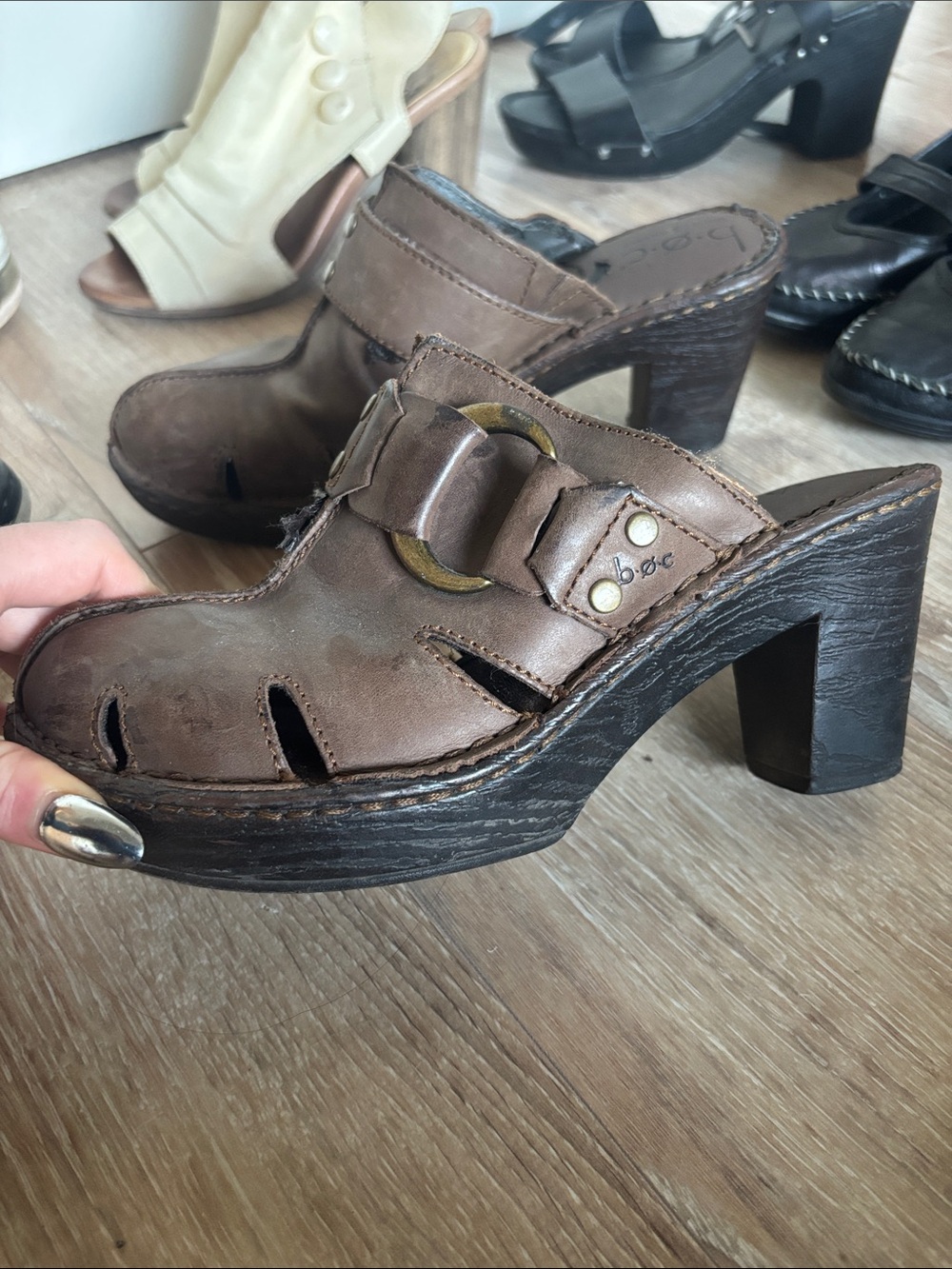 b.o.c. Brown Leather Platform Clog Sandals with Buckle Accent